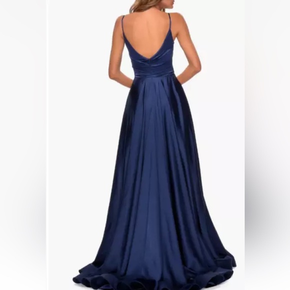 LA FEMME Navy Strappy Back Satin Ballgown Size 12 28607 - Picture 2 of 9